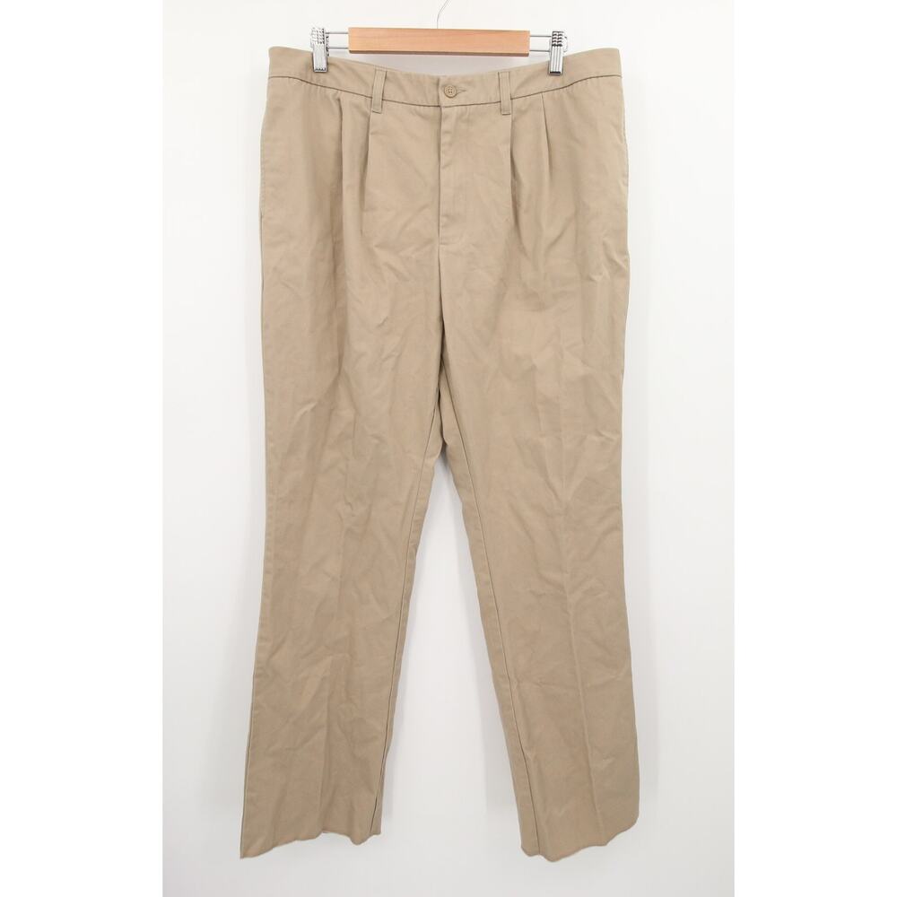Lands End Pants Khaki Chinos Tan Beige Brown Pleated Casual Cotton Polyester 16
